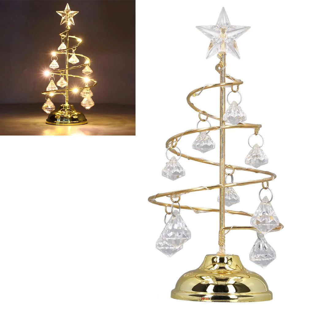 LED Christmas Tree Lamp Small Crystal Decorative Iron Tree Night Light Ornament for Gift Golden Warm Light Happy New Year