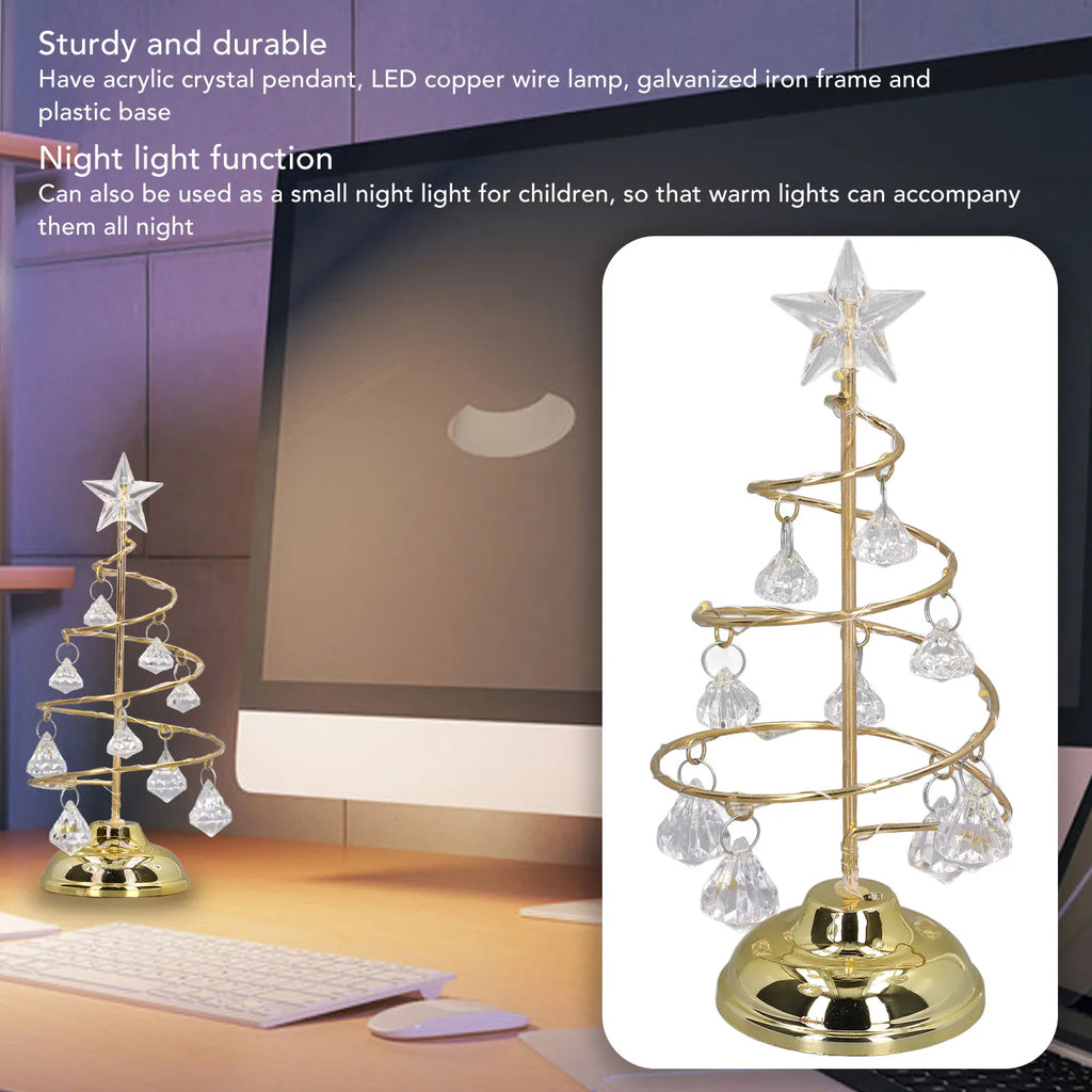 LED Christmas Tree Lamp Small Crystal Decorative Iron Tree Night Light Ornament for Gift Golden Warm Light Happy New Year