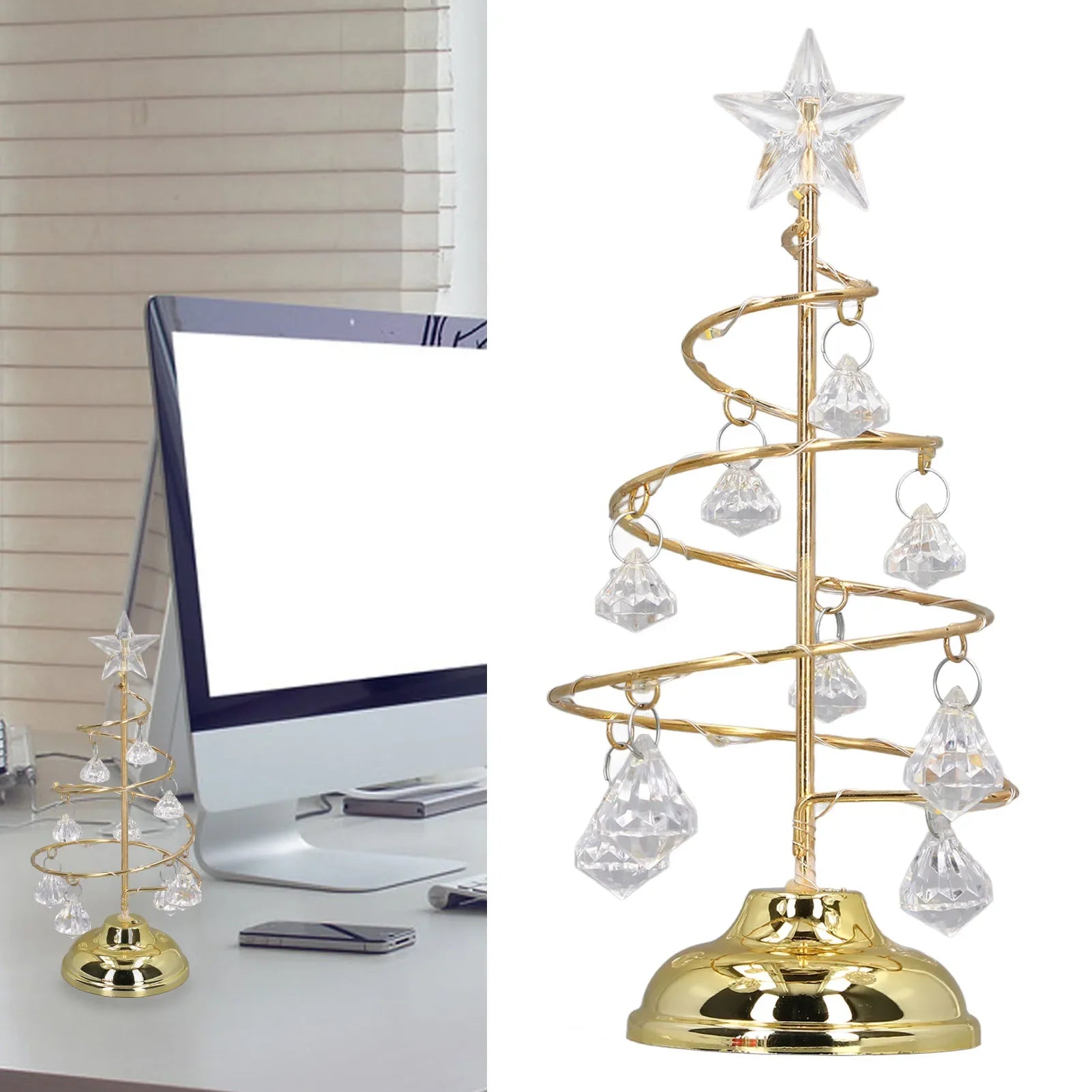 LED Christmas Tree Lamp Small Crystal Decorative Iron Tree Night Light Ornament for Gift Golden Warm Light Happy New Year