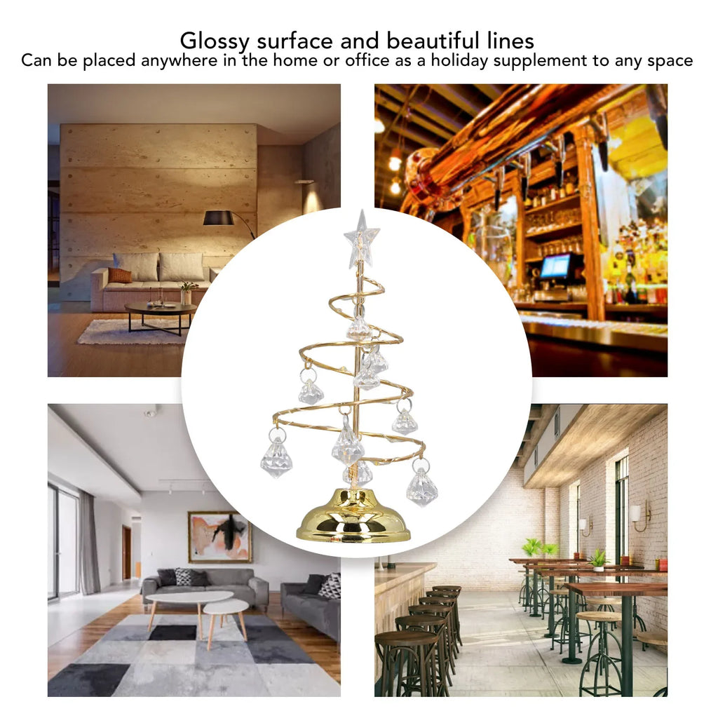 LED Christmas Tree Lamp Small Crystal Decorative Iron Tree Night Light Ornament for Gift Golden Warm Light Happy New Year