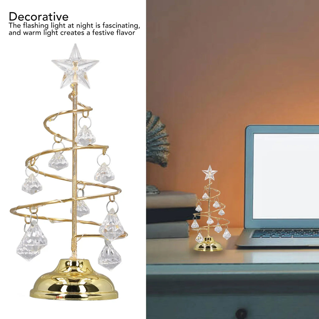 LED Christmas Tree Lamp Small Crystal Decorative Iron Tree Night Light Ornament for Gift Golden Warm Light Happy New Year