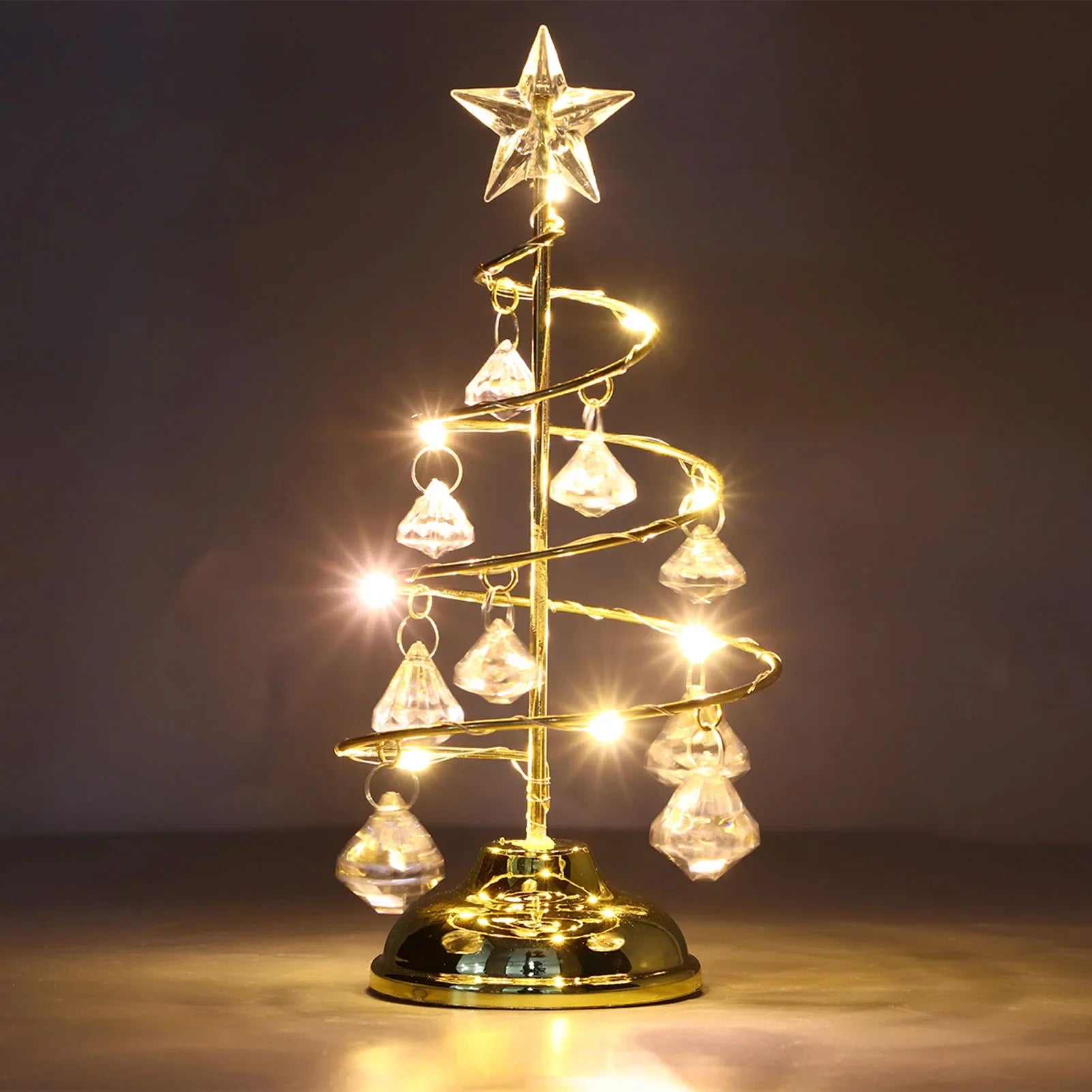 LED Christmas Tree Lamp Small Crystal Decorative Iron Tree Night Light Ornament for Gift Golden Warm Light Happy New Year
