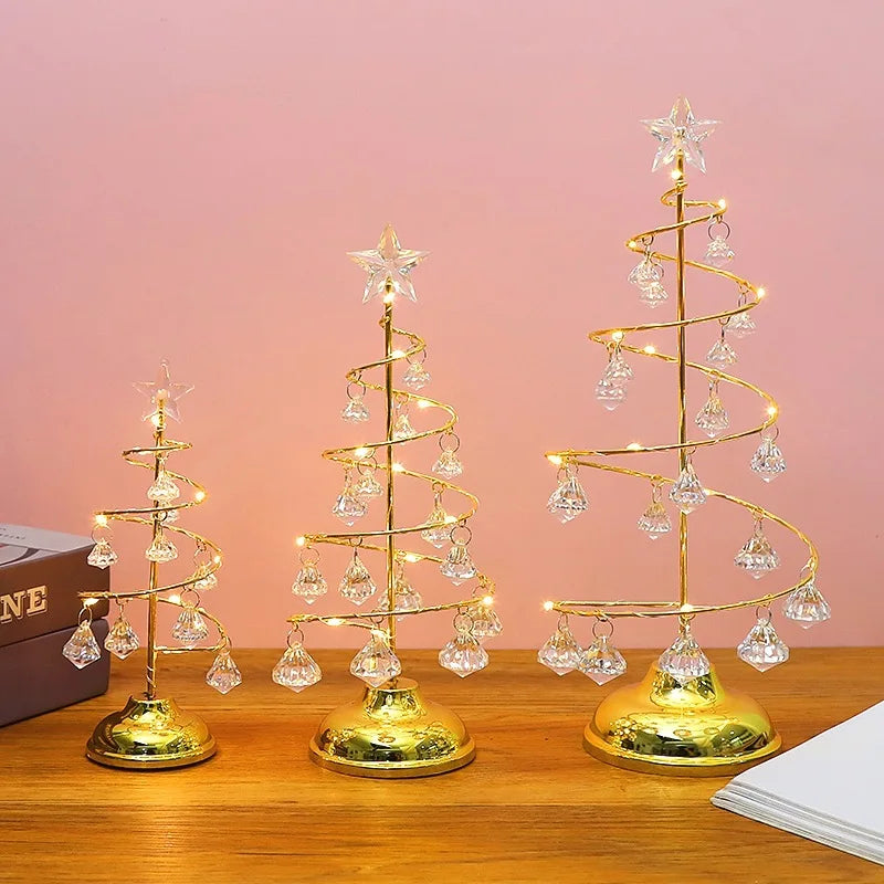 LED Christmas Tree Lamp Small Crystal Decorative Iron Tree Night Light Ornament for Gift Golden Warm Light Happy New Year