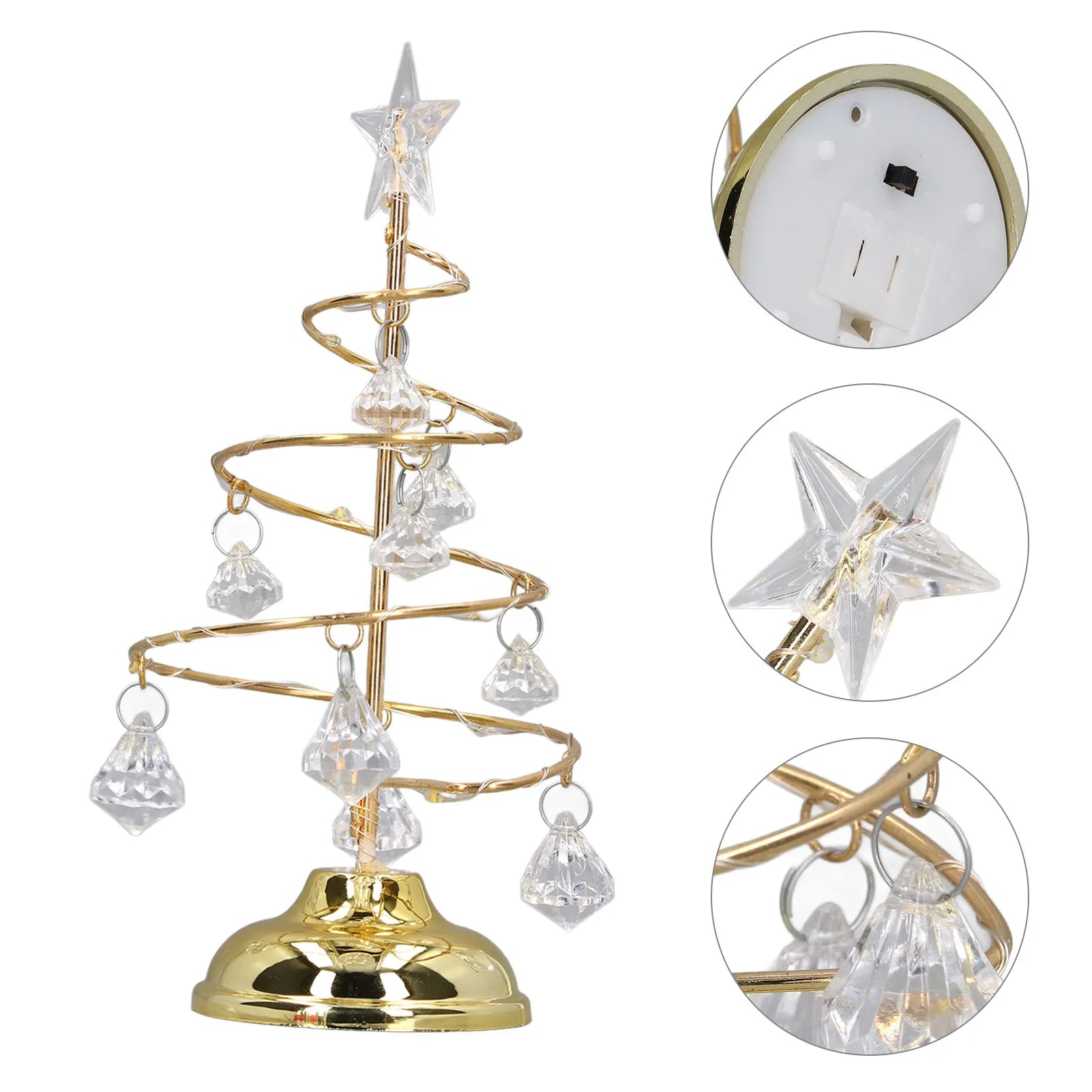 LED Christmas Tree Lamp Small Crystal Decorative Iron Tree Night Light Ornament for Gift Golden Warm Light Happy New Year