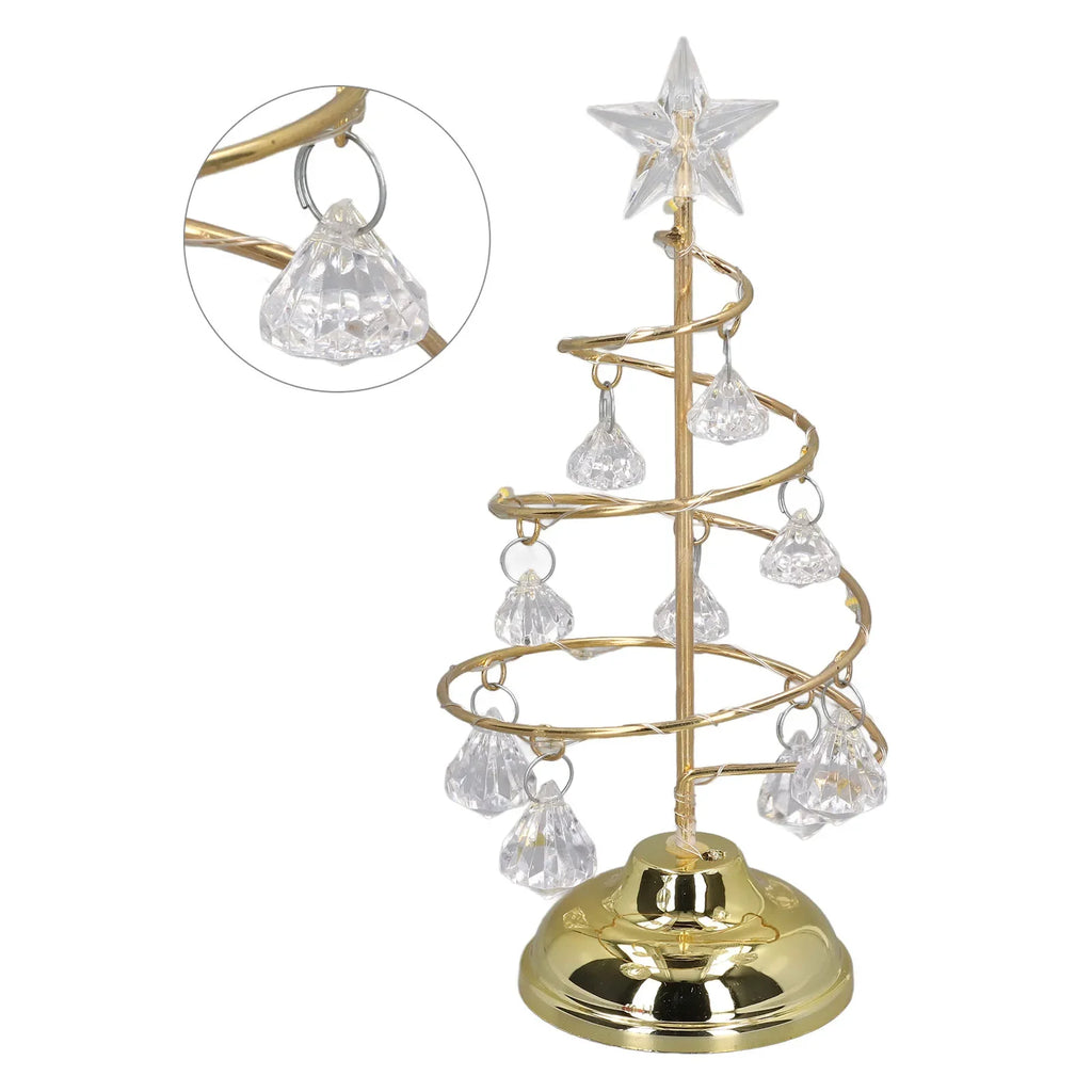 LED Christmas Tree Lamp Small Crystal Decorative Iron Tree Night Light Ornament for Gift Golden Warm Light Happy New Year