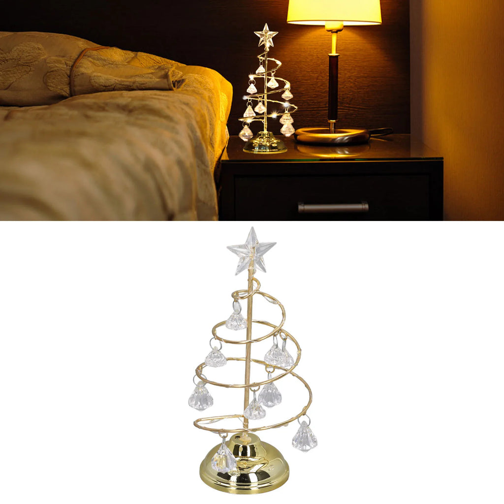 LED Christmas Tree Lamp Small Crystal Decorative Iron Tree Night Light Ornament for Gift Golden Warm Light Happy New Year