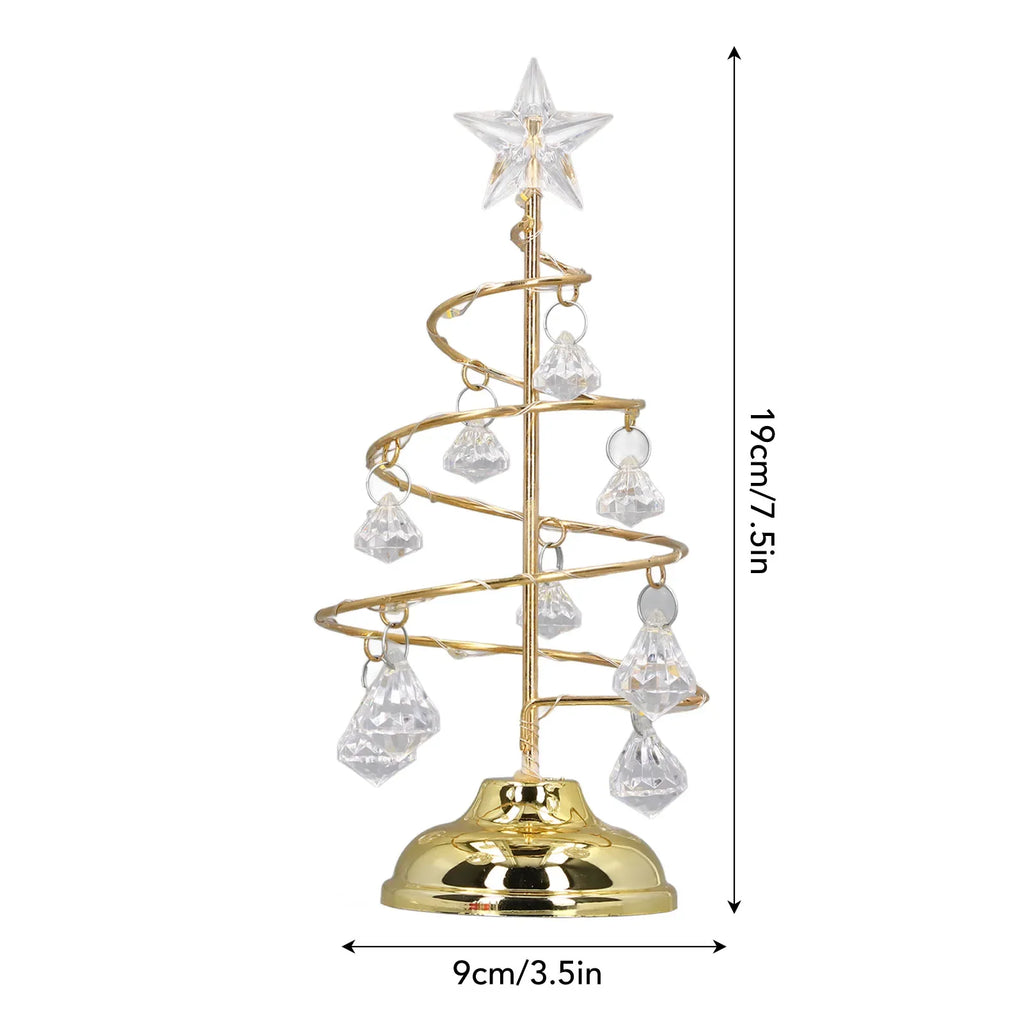 LED Christmas Tree Lamp Small Crystal Decorative Iron Tree Night Light Ornament for Gift Golden Warm Light Happy New Year